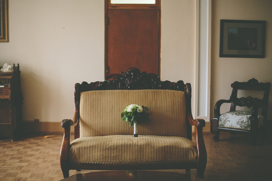 Bridal Bouquet on Antique Loveseat