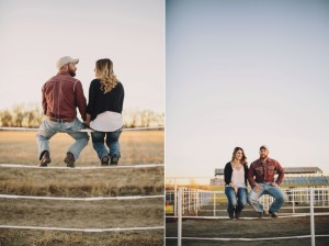 Engaged couple sitting on fence